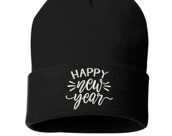 Happy New Year Embroidered Beanie - Cuffed Acrylic Winter Hat