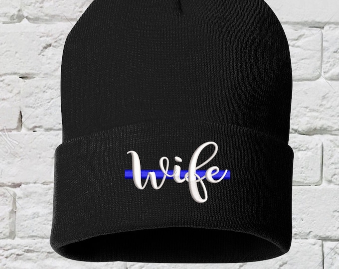 Blue Line Wife Cuffed Beanie Hat, Police Wife Beanie, Thin blue Line Hat, Police Pride, Law Enforcement Pride, Blue Stripe Beanie