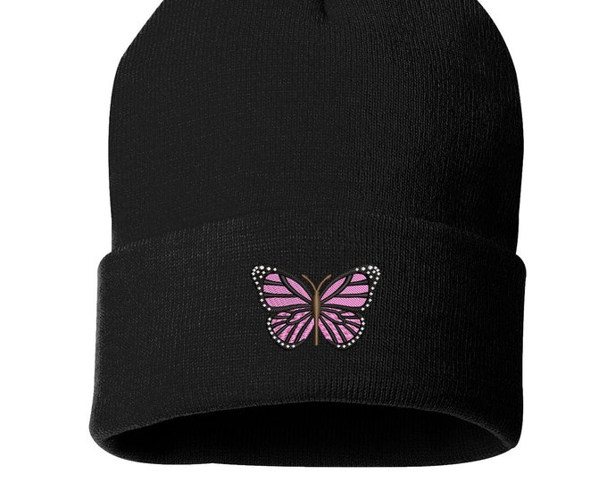 Butterfly Unisex Cuffed Beanie, Butterfly Beanie, Nature Lover Hat, Cuffed Beanie Hat, Wild Life Beanie, Mariposa Beanie, Embroidered Beanie