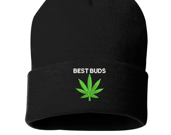 Best Buds Beanie Hat, Weed Lover Embroidered Beanie Cuffed Cap, Gift for him, Messy Bun Beanie, Unisex Slouch Beanie, Gift for her