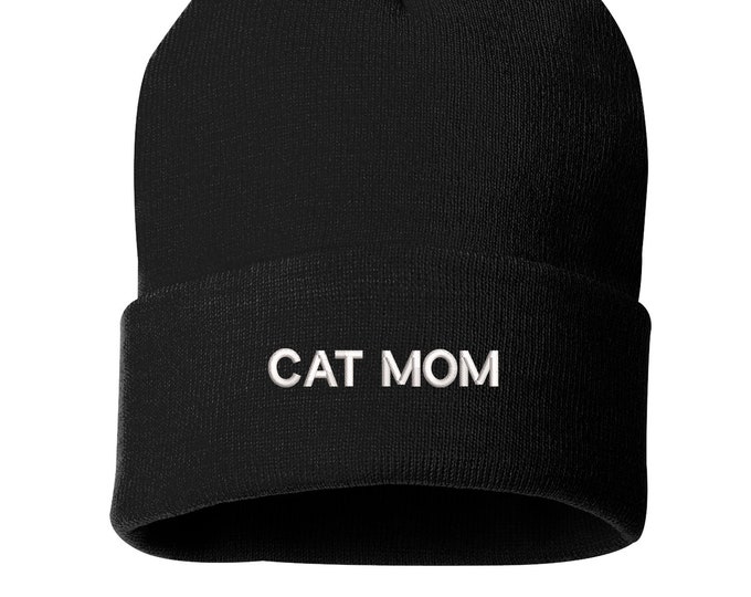 CAT MOM Beanie Cuffed Cap, For Pet Lovers Slouched Beanie, Messy Hair Beanies Black Cuffed Beanie Gifts for Pet Lovers Embroidered Beanie