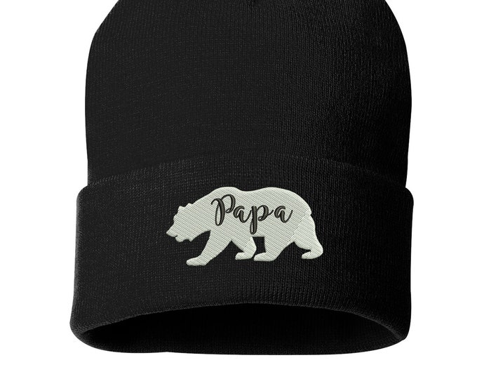 Papa Bear Beanie Hat, Winter Hat, Bear Family Cap, Embroidered Beanie Cuffed Cap, Messy Bun Beanie, Gift for Dad, Slouch Beanie