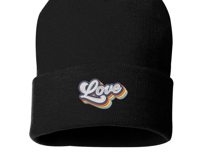 Love Retro Beanie Hat, Valentines Day, Embroidered Beanie Cuffed Cap, Gift for him, Messy Bun Beanie, Unisex Slouch Beanie, Gift for her
