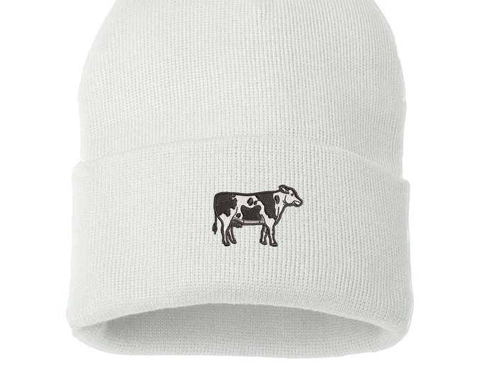 Holstein Cow Beanie Hat, Farm Life Embroidered Beanie Cuffed Cap, Gift for him, Messy Bun Beanie, Unisex Beanie, Gift for her Dairy Cow