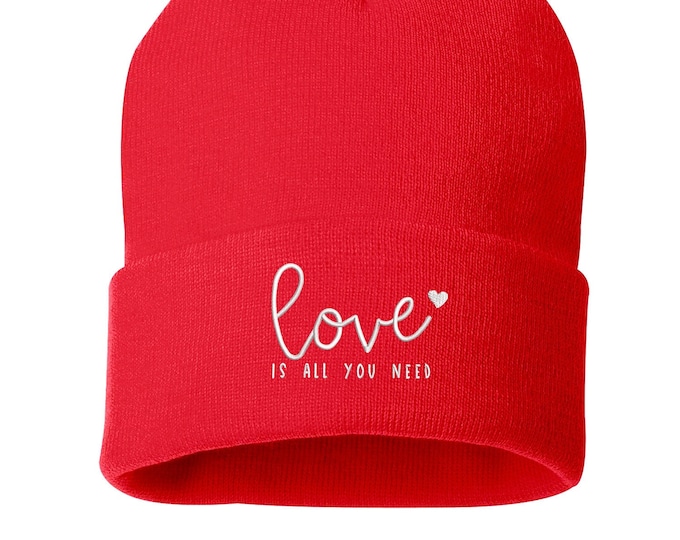 Love Beanie Hat, Valentines Day, Embroidered Beanie Cuffed Cap, Gift for him, Messy Bun Beanie, Unisex Slouch Beanie, Gift for her