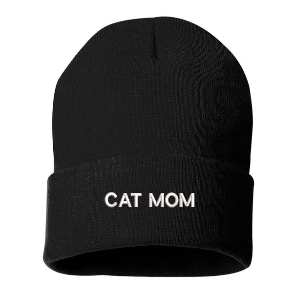 CAT MOM Beanie Cuffed Cap, For Pet Lovers Slouched Beanie, Messy Hair Beanies Black Cuffed Beanie Gifts for Pet Lovers Embroidered Beanie