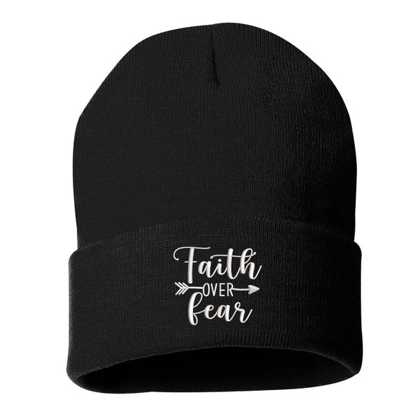Faith Over Fear Unisex Cuffed Beanie Hat, Embroidered Beanie Cap, Cuffed Beanie, Faith Beanie, Religion Beanie, Inspiration Beanie