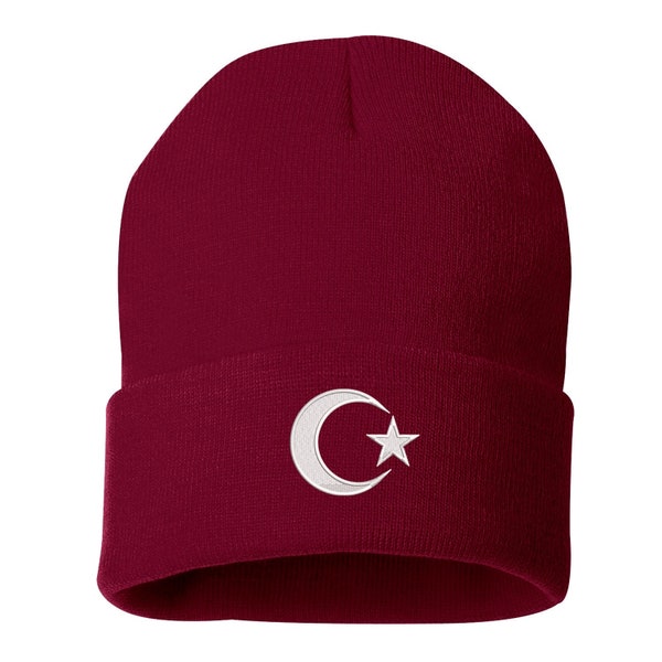Crescent Star Unisex Cuffed Beanie Hat, Unisex Beanie, Embroidered Beanie, Crescent and Star, Turkish Hat, Islamic Hat, Moon and Star Beanie
