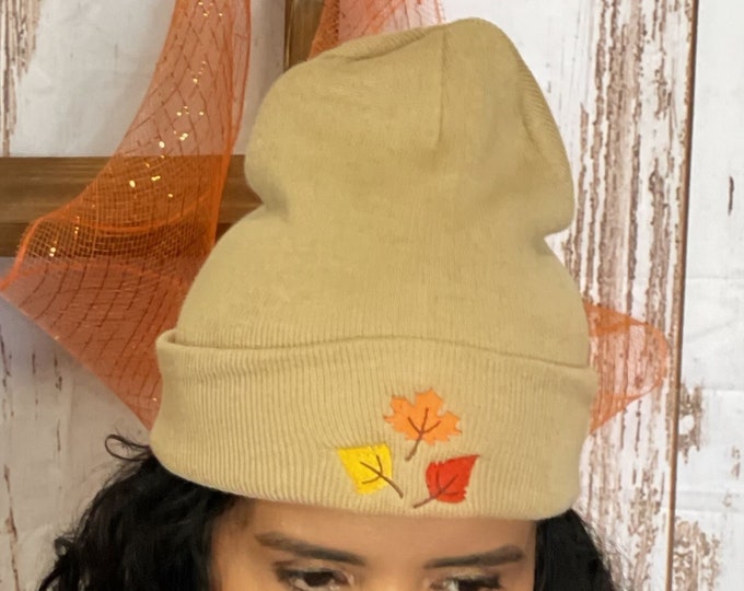 Fall Leaves Beanie Hat Winter Hat  Embroidered Beanie Cuffed Cap, Unisex Messy Bun Beanie Slouch Beanie, Funny Gift Fall Beanies
