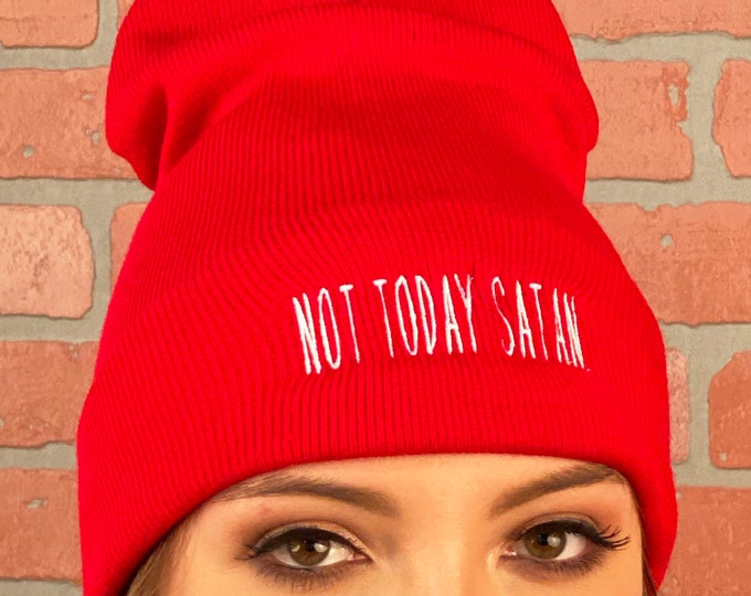 Not Today Satan Beanie Hat, Winter Hat Embroidered Beanie Cuffed Cap, Unisex Messy Bun Beanie Slouch Beanie, Funny Gift Fall Beanies