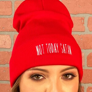 Not Today Satan Beanie Hat, Winter Hat Embroidered Beanie Cuffed Cap, Unisex Messy Bun Beanie Slouch Beanie, Funny Gift Fall Beanies image 1
