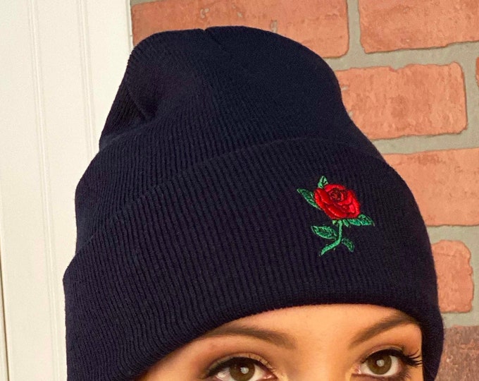 Rose Stem Beanie Cap, Winter Hat Embroidered Beanie Cuffed Cap, Unisex Messy Bun Beanie Slouch Beanie, Funny Gift Fall Beanies