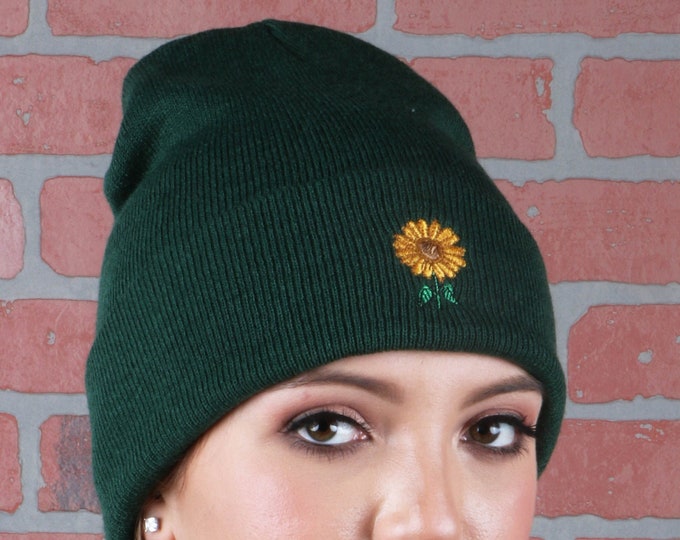 Sunflower Beanie Hat, Winter Hat Embroidered Beanie Cuffed Cap, Unisex Messy Bun Beanie Slouch Beanie, Funny Gift Fall Beanies