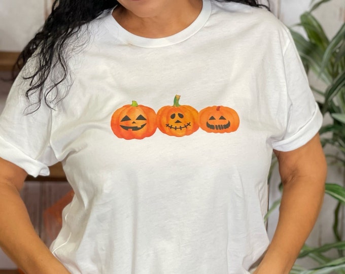 Three Pumpkins T-Shirt, Fall Shirt Women Crewneck Tee, Fall Season Tee, Halloween Tee, Unisex Shirts, Spooky Pumpkin T-shirt