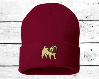 Embroidered Pug Beanie, Dog Mom Cuffed Cap, Pet Lover Gift