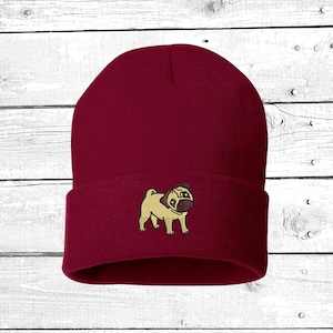 PUG Beanie Hat, Embroidered Beanie, Dog Mom Cuffed Cap, Dog Dad Beanie, Messy Bun Beanie Hat, Pug Dog Owner Gifts, Pet Lovers Long Beanie
