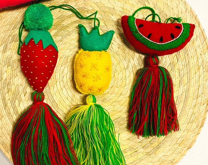 Embroidered Fruit Tassel, Tassel Keychain, Fruit Bag Charm, Handmade Tassel Keychain, Fruit Purse Tassel, Watermelon Keychain, Strawberry