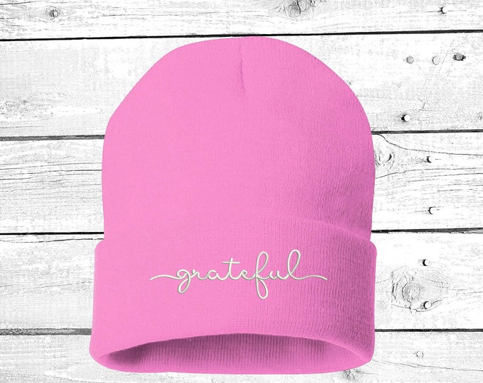 Greatful Winter Hat Thankful Embroidered Beanie Cuffed Cap, Unisex, Messy Bun Beanie Thanksgiving Slouch Beanie, Funny Gift