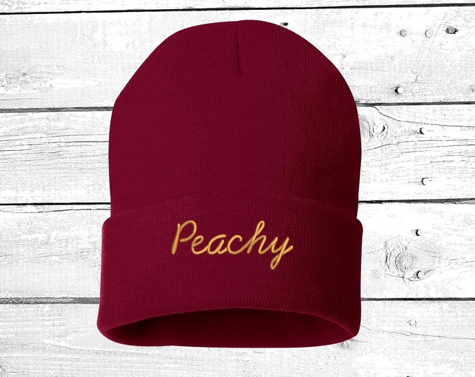 Peachy Winter Hat Cute Embroidered Beanie Cuffed Cap, Unisex, Messy Bun Beanie Girlfriend Gift Slouch Beanie, Funny Gift