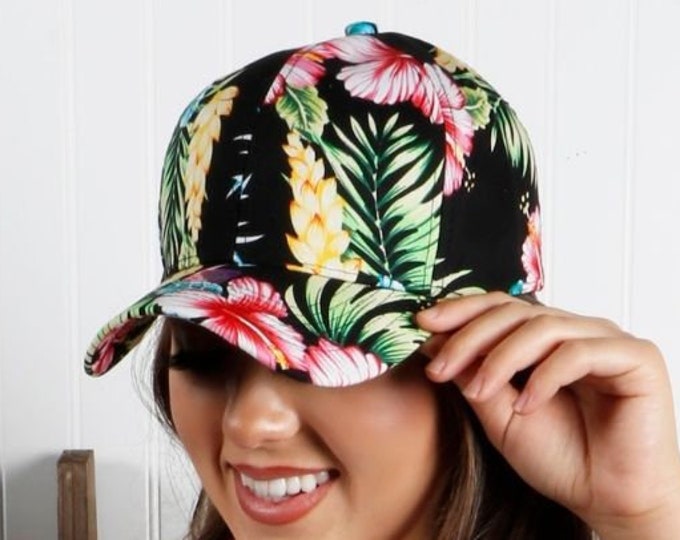 Black Hawaiian Floral Hat, Unisex Floral Hat, Hawaiian Baseball Hat, Vacation Beach Baseball Cap, Men's Baseball Hat, Women's Baseball Hat