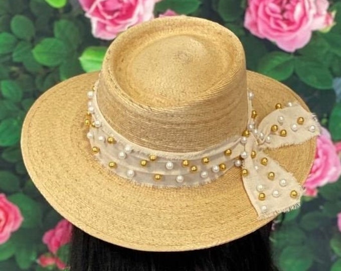 Pearl Embellished Straw Hat, Pearl Decorated Hat, Gambler Straw Hat, Straw Palm Hat, Wedding Hat, Women's Sun Hat, Pearl Beaded Ribbon