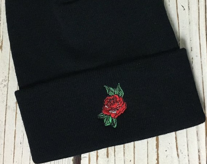 RED ROSE Embroidered Beanie Cuffed Cap - Multiple Colors