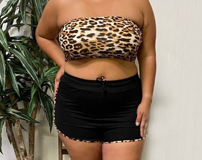 Leopard Print Tube Top and Short Set , Two-Piece Leopard Set, Womens Crop Top and Shorts Set, Seamless Tube Top , Loungewear 2-Piece Set