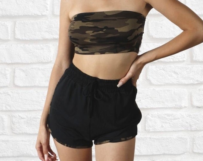 Camo Tube Top and Short Set , Two-Piece Camouflauge Set, Womens Crop Top and Shorts Set, Seamless Tube Top , Loungewear 2-Piece Set