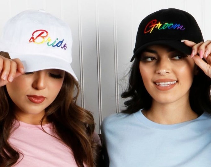 Pride Bride & Groom Baseball Cap, LGBTQ+ Bride Hat, LGBTQ+ Groom Hat, Gay Groom Hat, Lesbian Bride Hats for Gay Couples, Gift for Her