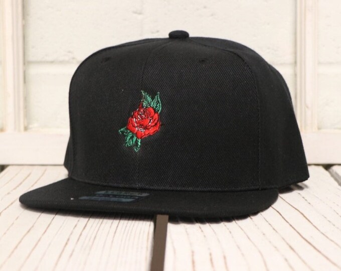 Flat Bill Snapback Cap Hat  "ROSE" 3D Hip Hop Baseball Hats Black/Black Bill