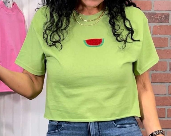 Watermelon Crop Top Embroidered Raw Edge Crop Top Shirt Beach Lover Gift For wife Gift for watermelon Party Watermelon Fruit T-Shirts Green
