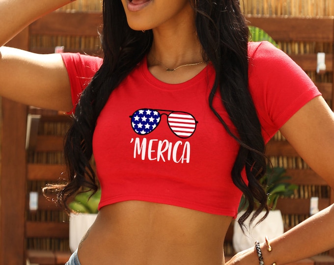 Merica Sunglasses Crop Top, Fourth of July Crop, American Cropped Tee, USA T-Shirt, Summer Outfits, Patriotic Shirt, Independence Day Top