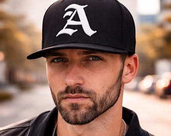 Personalized Snapback, Embroidered Old English Letter, Custom Black Cap