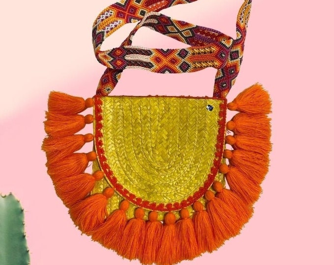 Yellow Mexican Palm Bag, Handmade Mexican Purse, Purse with Tassels, Hand Knit Strap, Oaxacan Style Bag, Traditional Artisanal Straw Bag