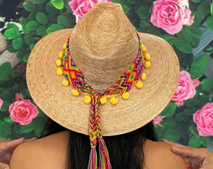 Hand Braided Straw Panama Hat, Handcrafted Mexican Hat, Panama Hat with yellow Pom Pom, Straw Palm Hat, Oaxacan Zapotec Hat Belt Traditional