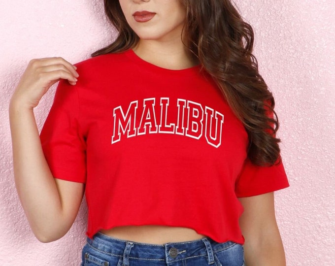 Malibu Crop Top Embroidered Crop Top T-Shirt Malibu Beach Lover Gift For wife Gift for girlfriend for wife Pink Crop Tops  Beach Lover Gift