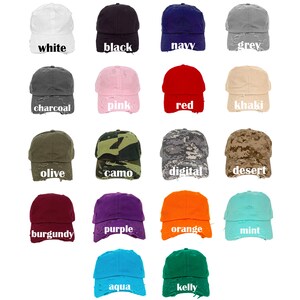 May include: A collection of 18 distressed baseball caps in various colors, including white, black, navy, grey, charcoal, pink, red, khaki, olive, camo, digital, desert, burgundy, purple, orange, mint, aqua, and kelly.