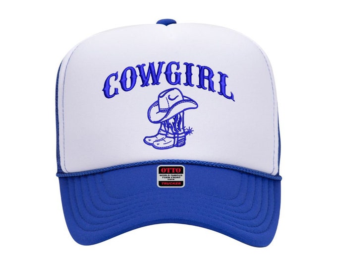 Cowgirl Boots Embroidered Foam 2 Tone Trucker hat, Cowgirl Baseball Cap, Cowgirl Boots Cap, Spring, Summer Trucker Hat,  Cowgirl Boots Hat