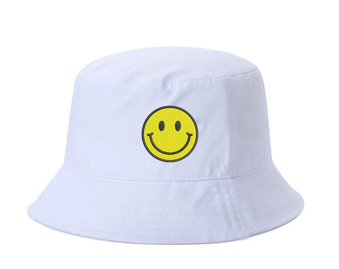 Smiley Happy Face Bucket Hat Cap, Positive Vibe Hats, gift for her, Embroidered Bucket hats, Unisex Hat, Cute Smiley Face Sun hats