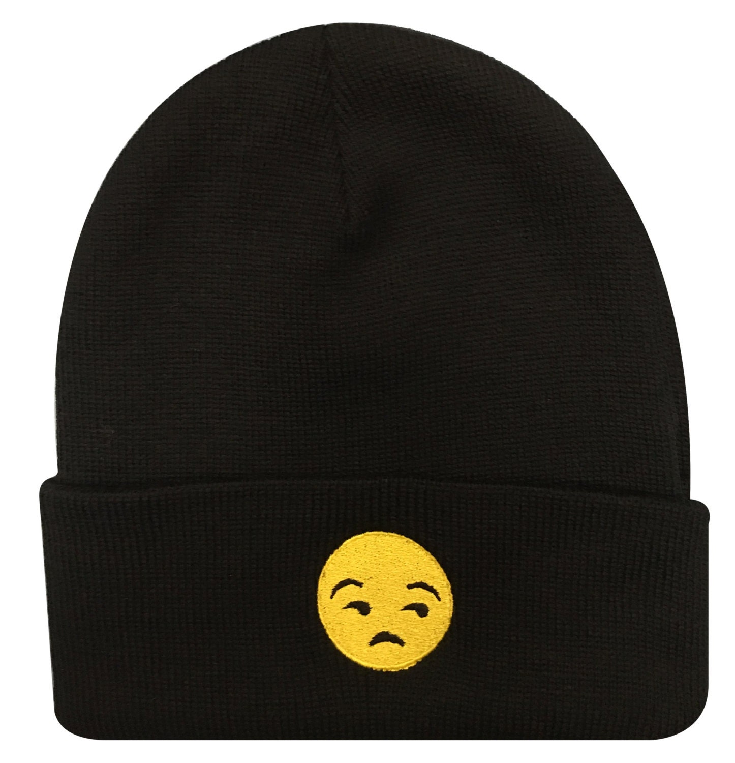 New Symbol Annoyed Face Embroidered Black Beanie Cuff Neck Cap Hat