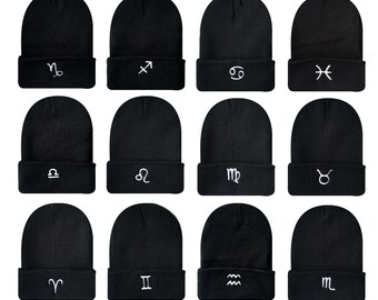 Zodiac Horoscope Signs Embroidered Black Acrylic Cuff Neck Long Beanies