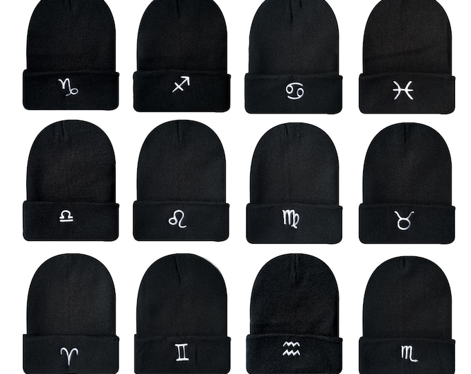 Zodiac Horoscope Signs Embroidered Black Acrylic Cuff Neck Long Beanies