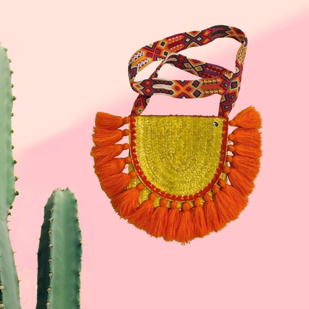 Yellow Mexican Palm Bag, Handmade Mexican Purse, Purse With Tassels