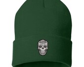Dia De Los Muertos Beanie, Day of the Dead Beanie, Embroidered Beanie Cuffed Cap, Calavera Beanie, Skull Slouch Beanie, Sugar Skull Beanie