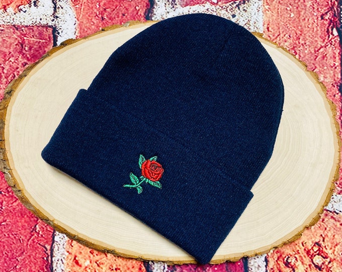 Red Rose Stem Beanie Cap, Winter Hat Embroidered Beanie Cuffed Cap, Unisex Messy Bun Beanie Slouch Beanie, Funny Gift Fall Beanies