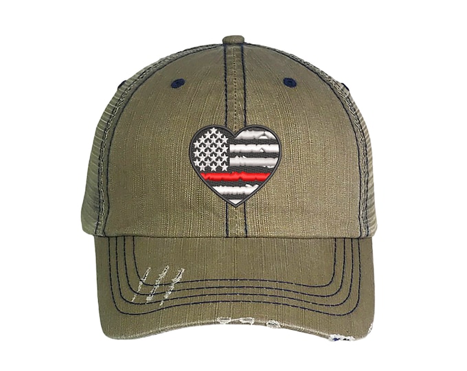 Fireman Heart Trucker Hat, Red Thin Line Distressed Trucker Hat, Embroidered Trucker Caps, Unisex Mesh Back Trucker Hat, Summer Cap Hat