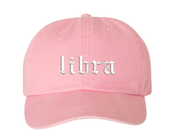 Libra Lowercase Old English Washed Dad Hat, Zodiac Sign Baseball Hat, Embroidered Baseball Hat, Unisex Dad Hat, Womens Baseball Hat