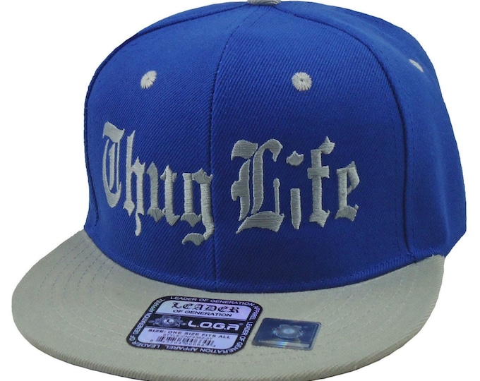 Flat Bill Snapback Cap Hat  "THUG LIFE" Hip Hop  Two Tone Royal Blue/Gray