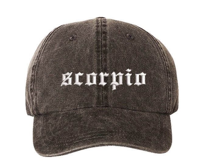 Scorpio Lowercase Old English Washed Dad Hat, Zodiac Sign Baseball Hat, Embroidered Baseball Hat, Unisex Dad Hat, Womens Baseball Hat