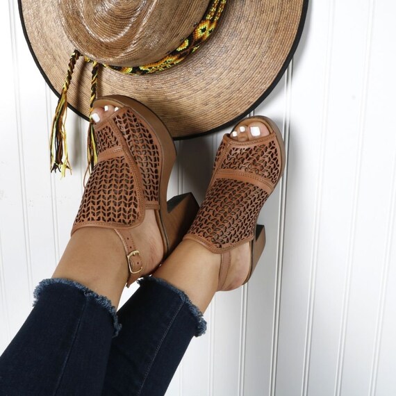 Tacones Huaraches Tacón Alto Cuero Mujer Tacones Bloque de | Etsy España